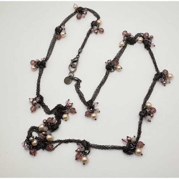 Talbots Knotted Chain Necklace with Pink Bead Accents Charms 30 Inch - Picture 2 of 7